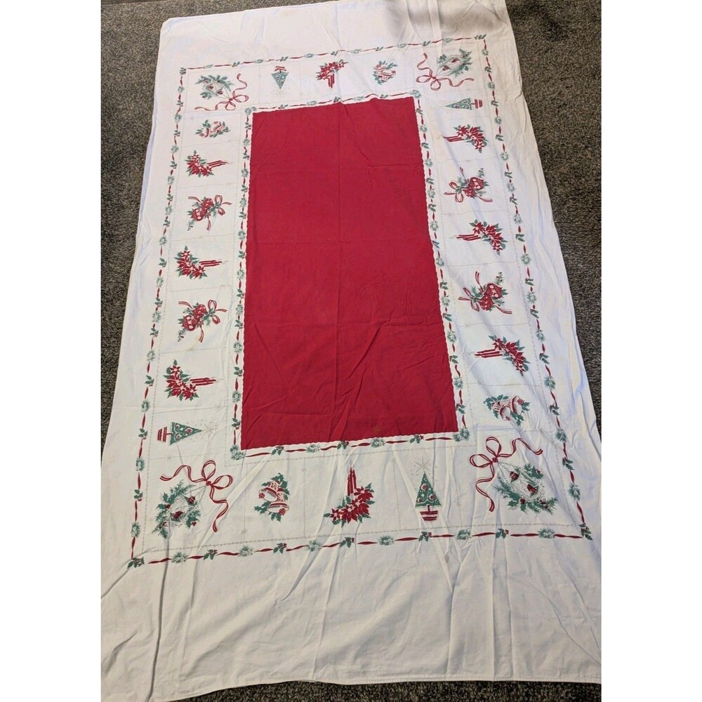 Vintage 50s Rectangle Christmas Tablecloth MCM Cotton Bells Trees  Candles *Flaw